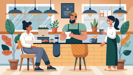 Fototapeta premium Vector art of a barista interacts with customers at a cafe counter, handing over a coffee cup