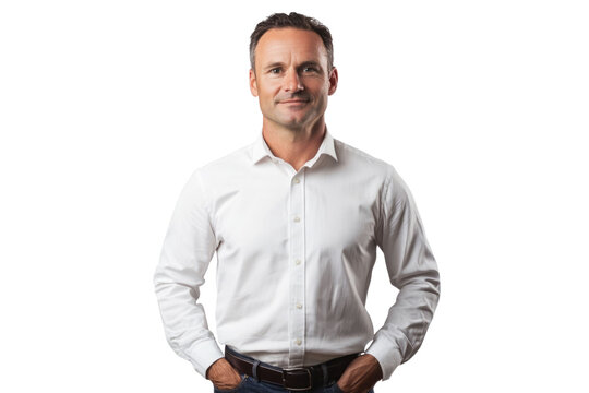 Full length business portrait of confident businessman. Entrepreneur in white shirt, Serious mid adult, mature age man standing, isolated on white background.