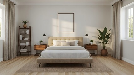 Modern Beige Bedroom Interior: Calming Minimalist Design with Neutral Tones and Natural Light