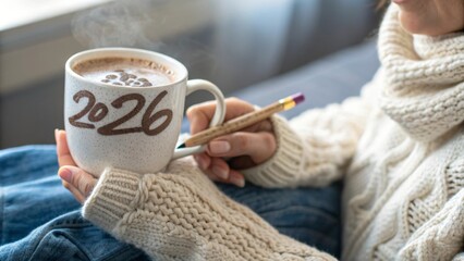 Woman wearing cozy sweater holding a steaming mug with 2026 inscription celebrating new year at home