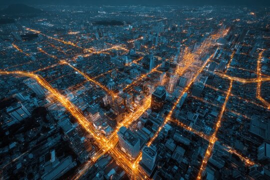 Aerial view of a city at night, illuminated streets