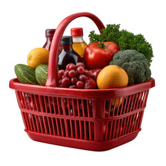 Red shopping basket filled with fresh produce and bottles isolated on transparent background