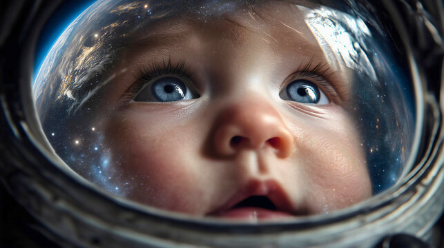 Baby astronaut sent to space to carry out a specific mission, a baby in a spacesuit looking at the cosmos.
