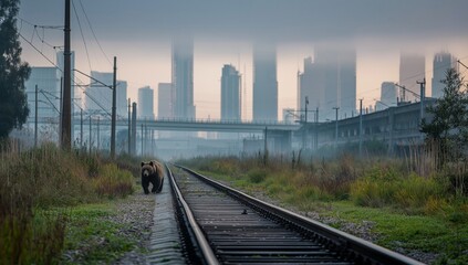 Fototapeta premium Urban Wildlife Bear Roams Railway Tracks Near a Foggy Cityscape