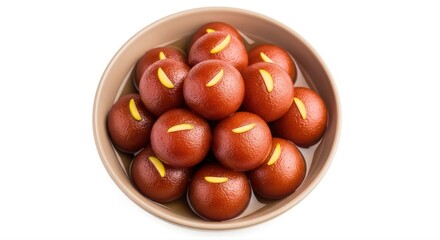 Delicious gulab jamun, garnished with almond slices, are served in a ceramic bowl on a transparent background