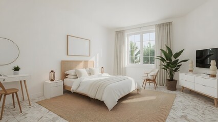 Bright Minimalist Bedroom Interior Design: Calming Neutral Tones, Natural Light, and Modern Furniture.