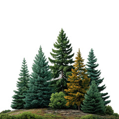 Obraz premium A cluster of evergreen trees with one golden pine isolated on transparent background