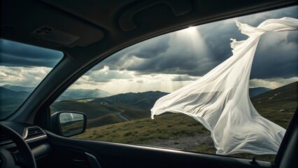 White fabric flowing out of car window during a road trip on mountain road with dramatic clouds and sun rays