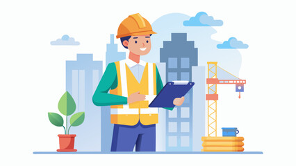 Vector art of a smiling construction worker holding a clipboard and wearing a hard hat and safety vest