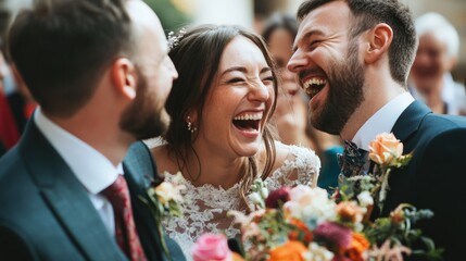 Joyful wedding guests sharing laughter.
