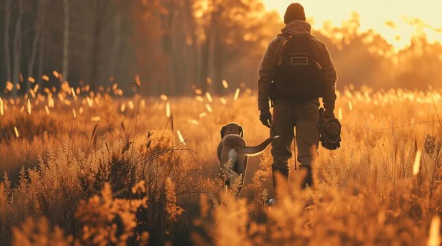 A bird dog and his master silhouetted against the sun. A hunter walking with his hunting dog  in a field during the fall at golden hour. Hound flushing out birds. Flushing dog, hunting dog training.