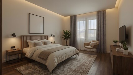 Modern Minimalist Bedroom Interior: Serene Neutral Tones, Wooden Accents, and Natural Light.