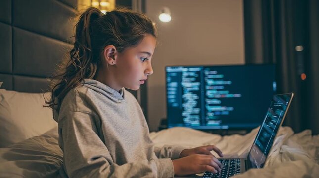Focused teen girl coding on a laptop in a stylish modern bedroom. Empowering and tech-savvy—ideal for STEM education, remote learning, Gen Z tech culture, and youth digital creativity