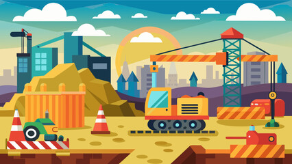 Vector art of a vibrant construction site bustles with activity, featuring cranes, excavators, and bulldozers against a backdrop of a city skyline at sunset