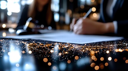 Professional signing legal documents at desk with dramatic city lights and bokeh overlay creating atmospheric business composition for corporate concepts.