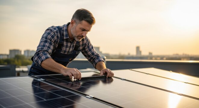Skilled handyman aligning solar equipment reflecting modern energy technology.