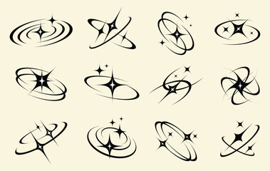 stars with orbit line set vector. stylized sparkling frame and border. icon and symbol concept
