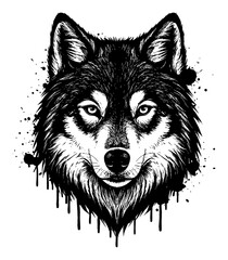 Fototapeta premium Abstract Surreal Wolf Head with Messy Paint Drips and Splatters Black and White Outline Line Art Drawing