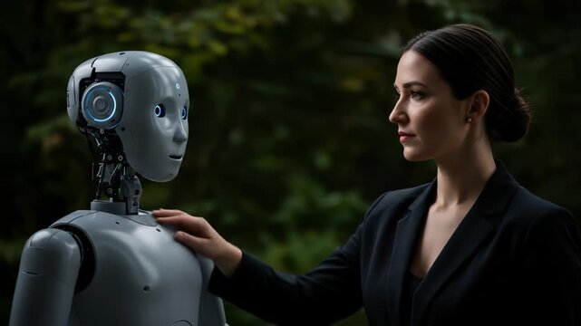 Human and Robot: A woman interacts with a humanoid robot, fostering a sense of connection and curiosity against a backdrop of lush green vegetation.