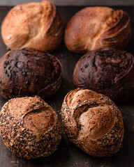 Assorted artisan bread loaves arranged on a dark wooden surface. The variety includes multigrain, whole wheat, and chocolate-flavored sourdough bread with rustic, crusty textures. Perfect for bakery