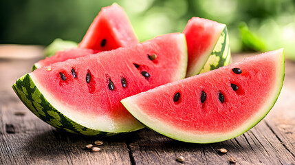 Juicy watermelon slices on a wooden table glistening, Juicy food