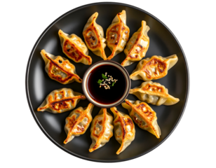  Pan-Fried Gyoza in Circular Pattern on Black Plate, Top View, Isolated on Transparent Background
