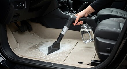 Automotive Interior Detailing: Close-Up of a Person Cleaning a Car Floor Mat with a Specialized Carpet Cleaning Tool and Blue Liquid