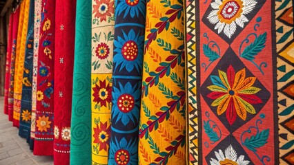 Vibrant floral patterns adorn colorful fabrics hanging in an Indian market, representing rich cultural heritage and traditional craftsmanship
