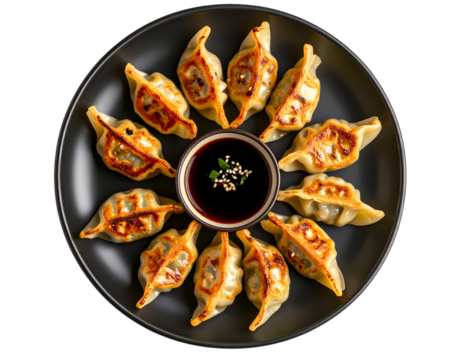  Pan-Fried Gyoza in Circular Pattern on Black Plate, Top View, Isolated on Transparent Background