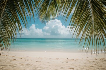 Fototapeta premium Beautiful tropical beach scene with palm trees and turquoise water ideal for travel and tourism photography 