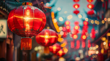 Bright red Chinese lanterns illuminate a bustling street, creating a festive and traditional ambiance with warm, blurred lights adorning the urban surroundings at dusk.