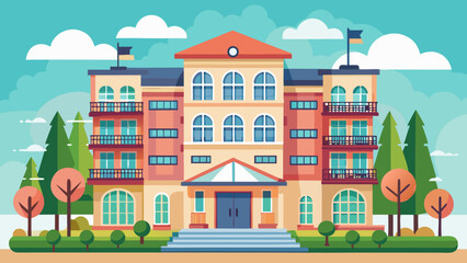 Obraz premium Vector art of a charming illustration of a multistory building with balconies, flags, and trees, set against a blue sky