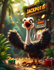 Happy cartoon ostrich wins Jackpot