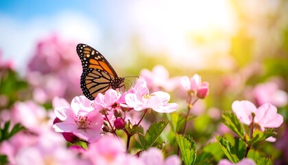 Butterfly on pink flowers in sunlight