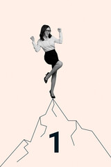 Trendy pop poster banner collage of happy businesswoman stand first place number aim achievement success promotion career