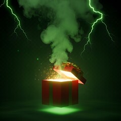 Open shining gift box with fog smoke and lightning