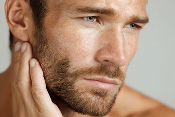 Fototapeta premium Caucasian male model with stubble beard touching neck in contemplative pose against light background, showcasing masculine grooming and skincare concept.