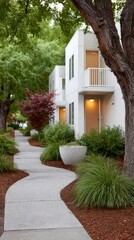 Obraz premium Modern white apartment buildings with landscaped walkways and mature trees