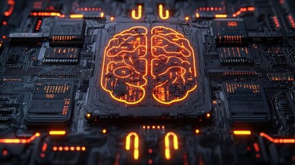 A glowing brain graphic overlaid on a complex circuit board.  Intense orange light highlights the intricate circuitry