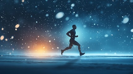 A solitary figure runs determinedly across the snowy expanse during a fierce winter blizzard at night
