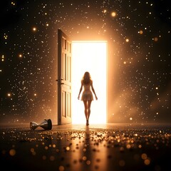 Lady walking in her shining future with light particles flying around