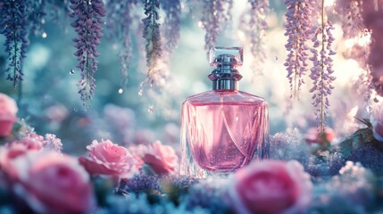 Pink perfume bottle in floral garden setting