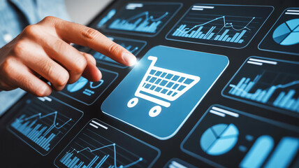A digital marketing and analytics interface with a shopping cart icon in the center