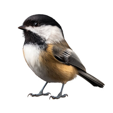 Detailed close up of a black capped chickadee bird isolated on transparent background