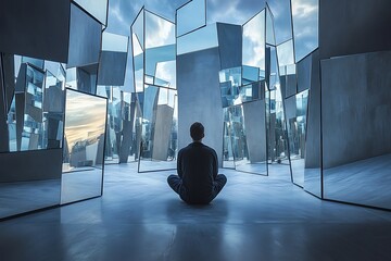 A reflective journey begins as the man sits among scattered mirrors for deep meditation