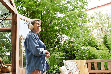 Joyful moments of a senior woman enjoying music in a serene garden retreat
