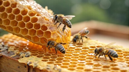 Honey bees busily working on a honeycomb in an apiary, creating sweet honey while contributing to the vibrant ecosystem around them