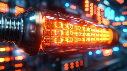 A glowing, futuristic vacuum tube.  Digital codes within.  Surrounded by illuminated circuits