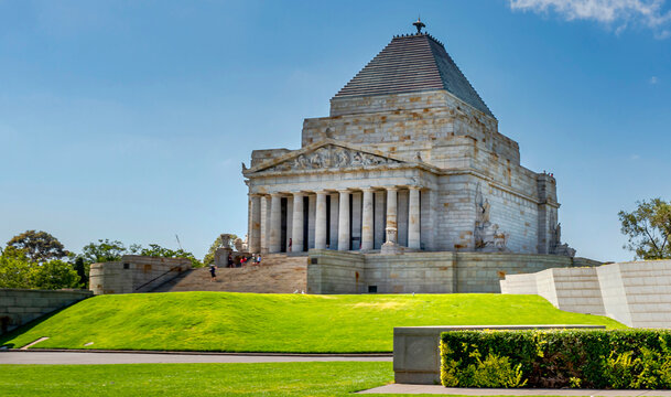 The Shrine of Remembrance, a war memorial built in 1934 to honor all Australians who have served in any war, in classical style, based on the Tomb of Mausolus at Halicarnassus, Melbourne, 2020