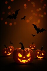 Glowing carved pumpkins and flying bats in a dark spooky setting. Halloween night concept with orange lights and scary faces.